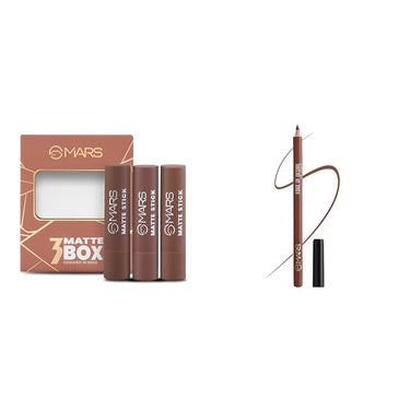 MARS Matte Box Set of 3 Lipsticks for Women (3x3.2 gm) (04-Brown) Matte Lip Liner | One Swipe Smooth Application | Long Lasting Lip Pencil (1.4gm) (13-CINNAMON ROLL)